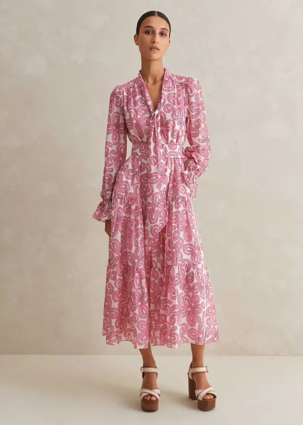 New ME+EM Silk Cotton Flower Print Midi Dress + Belt Pink/Soft White