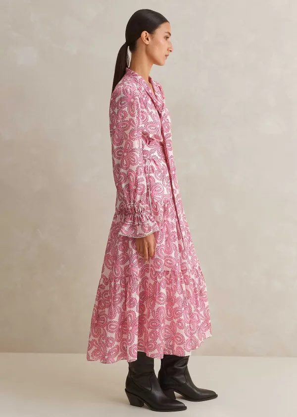 New ME+EM Silk Cotton Flower Print Midi Dress + Belt Pink/Soft White