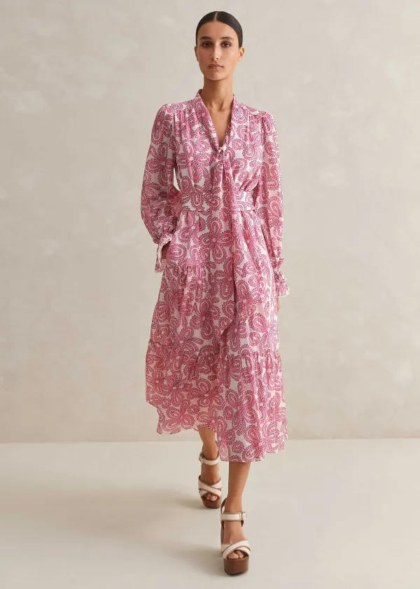 New ME+EM Silk Cotton Flower Print Midi Dress + Belt Pink/Soft White