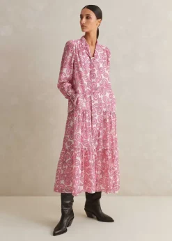 New ME+EM Silk Cotton Flower Print Midi Dress + Belt Pink/Soft White