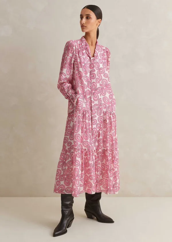 New ME+EM Silk Cotton Flower Print Midi Dress + Belt Pink/Soft White