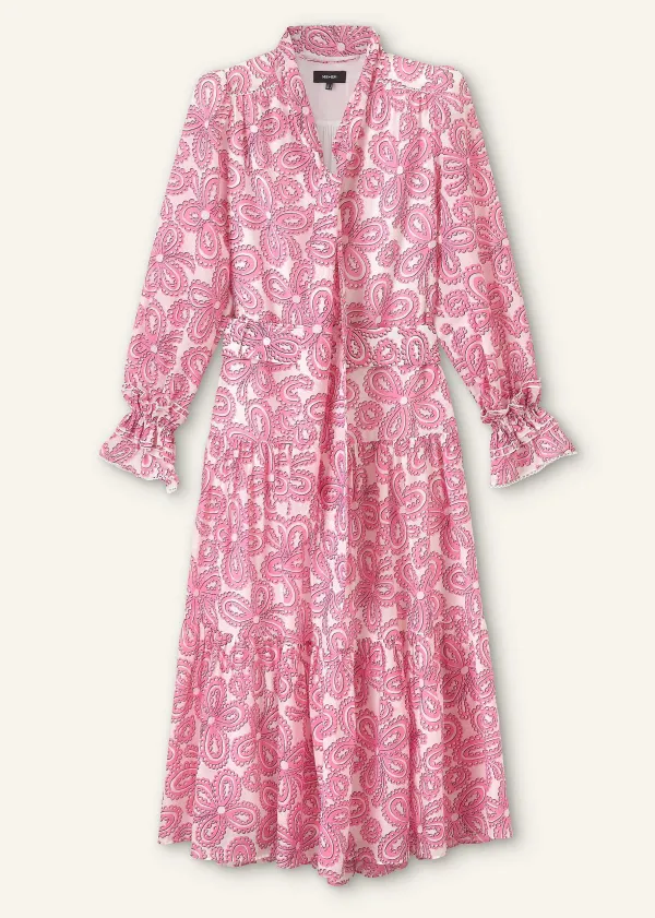 New ME+EM Silk Cotton Flower Print Midi Dress + Belt Pink/Soft White