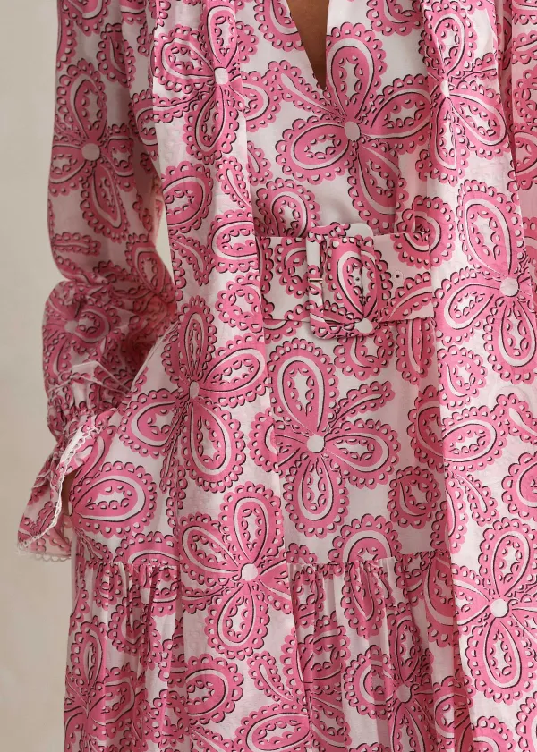 New ME+EM Silk Cotton Flower Print Midi Dress + Belt Pink/Soft White