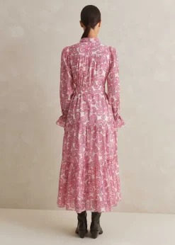 New ME+EM Silk Cotton Flower Print Midi Dress + Belt Pink/Soft White