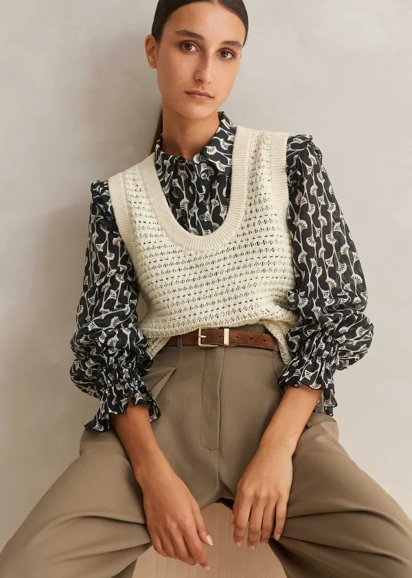 Online ME+EM Silk Cotton Ginko Leaf Print Blouse Cream/Black/Brown