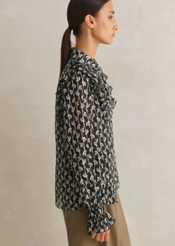 Online ME+EM Silk Cotton Ginko Leaf Print Blouse Cream/Black/Brown
