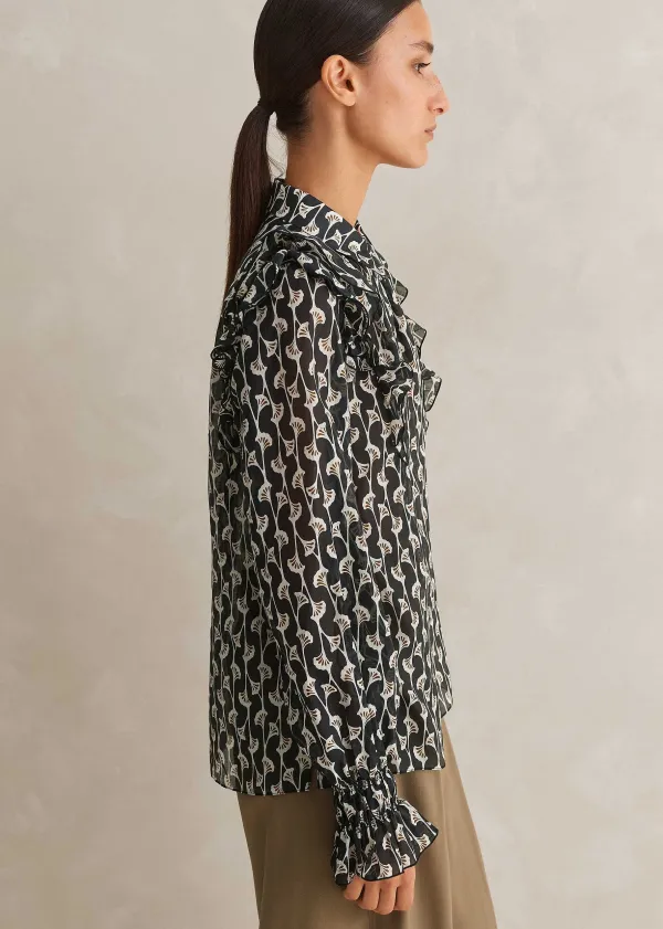 Online ME+EM Silk Cotton Ginko Leaf Print Blouse Cream/Black/Brown