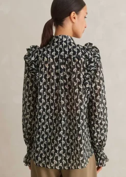 Online ME+EM Silk Cotton Ginko Leaf Print Blouse Cream/Black/Brown
