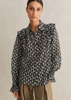 Online ME+EM Silk Cotton Ginko Leaf Print Blouse Cream/Black/Brown