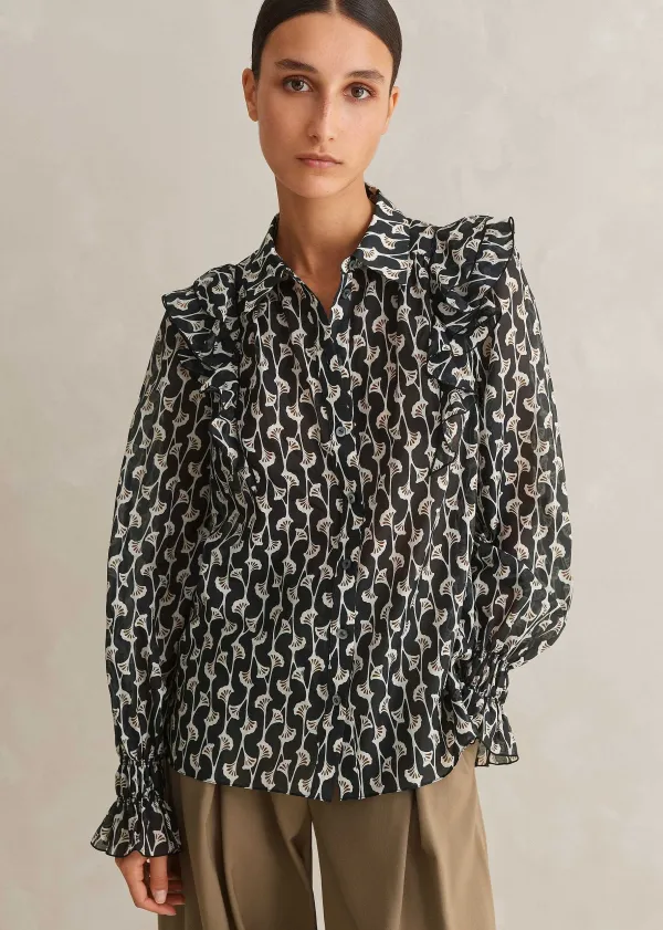 Online ME+EM Silk Cotton Ginko Leaf Print Blouse Cream/Black/Brown