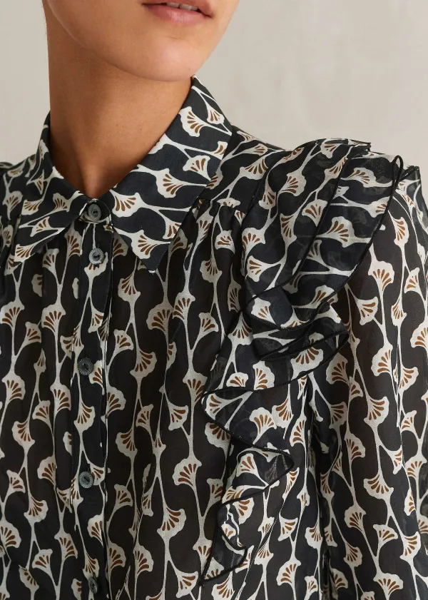 Online ME+EM Silk Cotton Ginko Leaf Print Blouse Cream/Black/Brown