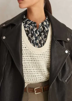 Online ME+EM Silk Cotton Ginko Leaf Print Blouse Cream/Black/Brown