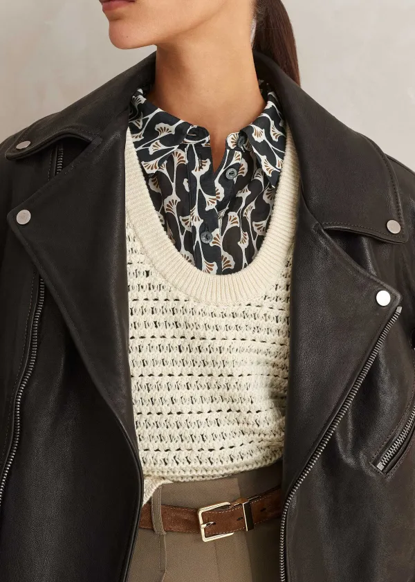 Online ME+EM Silk Cotton Ginko Leaf Print Blouse Cream/Black/Brown
