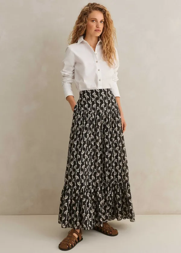 Hot ME+EM Silk Cotton Ginko Leaf Print Skirt + Belt Cream/Black/Brown