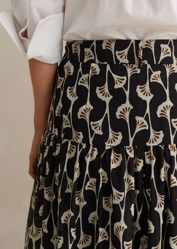 Hot ME+EM Silk Cotton Ginko Leaf Print Skirt + Belt Cream/Black/Brown