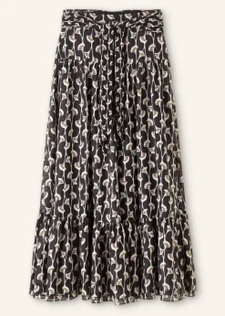Hot ME+EM Silk Cotton Ginko Leaf Print Skirt + Belt Cream/Black/Brown