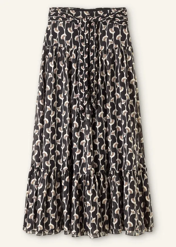 Hot ME+EM Silk Cotton Ginko Leaf Print Skirt + Belt Cream/Black/Brown