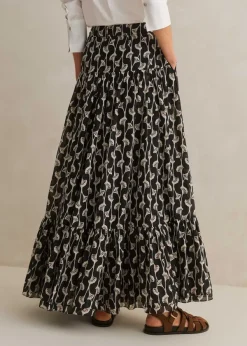 Hot ME+EM Silk Cotton Ginko Leaf Print Skirt + Belt Cream/Black/Brown