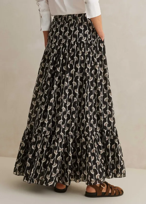 Hot ME+EM Silk Cotton Ginko Leaf Print Skirt + Belt Cream/Black/Brown