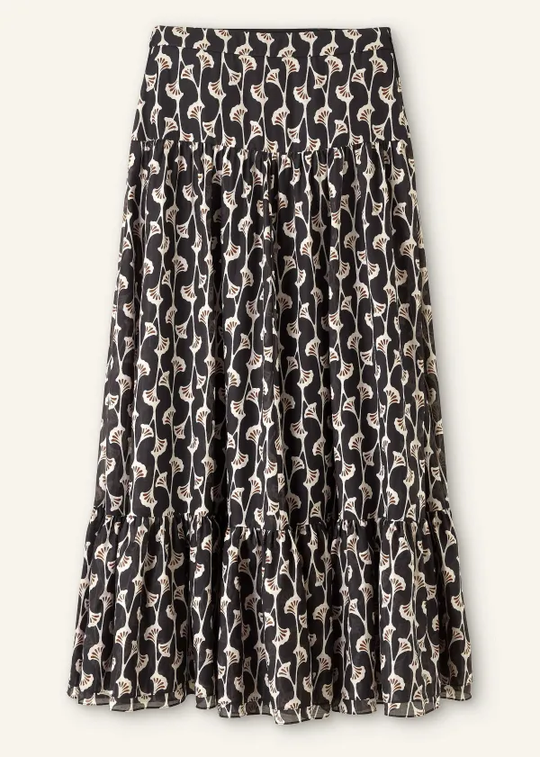 Hot ME+EM Silk Cotton Ginko Leaf Print Skirt + Belt Cream/Black/Brown