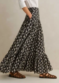 Hot ME+EM Silk Cotton Ginko Leaf Print Skirt + Belt Cream/Black/Brown
