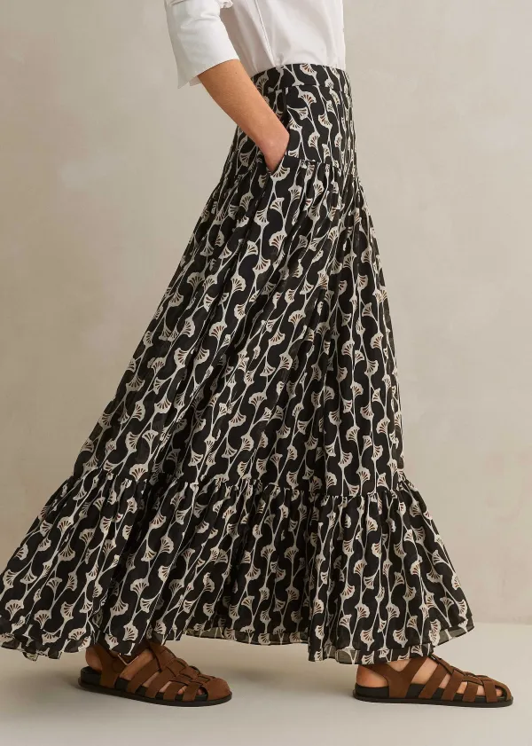Hot ME+EM Silk Cotton Ginko Leaf Print Skirt + Belt Cream/Black/Brown