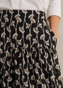 Hot ME+EM Silk Cotton Ginko Leaf Print Skirt + Belt Cream/Black/Brown