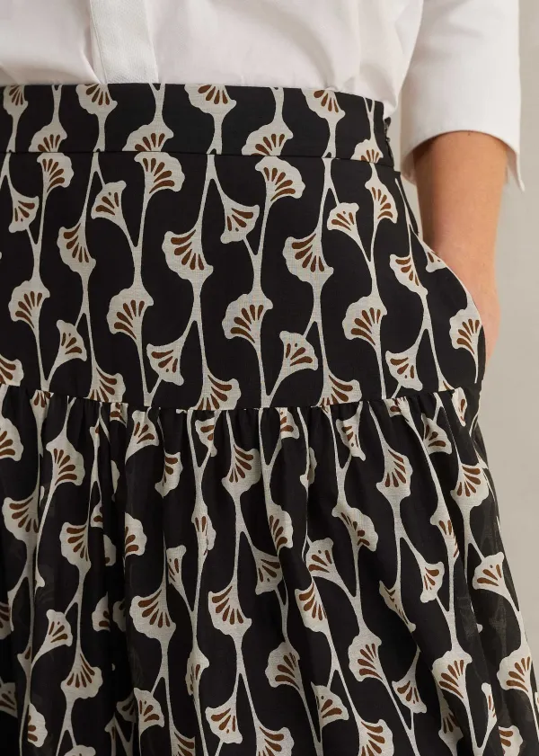 Hot ME+EM Silk Cotton Ginko Leaf Print Skirt + Belt Cream/Black/Brown