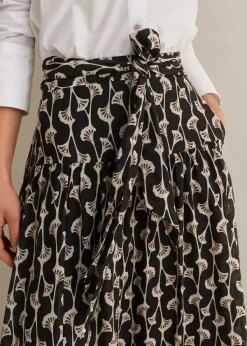 Hot ME+EM Silk Cotton Ginko Leaf Print Skirt + Belt Cream/Black/Brown