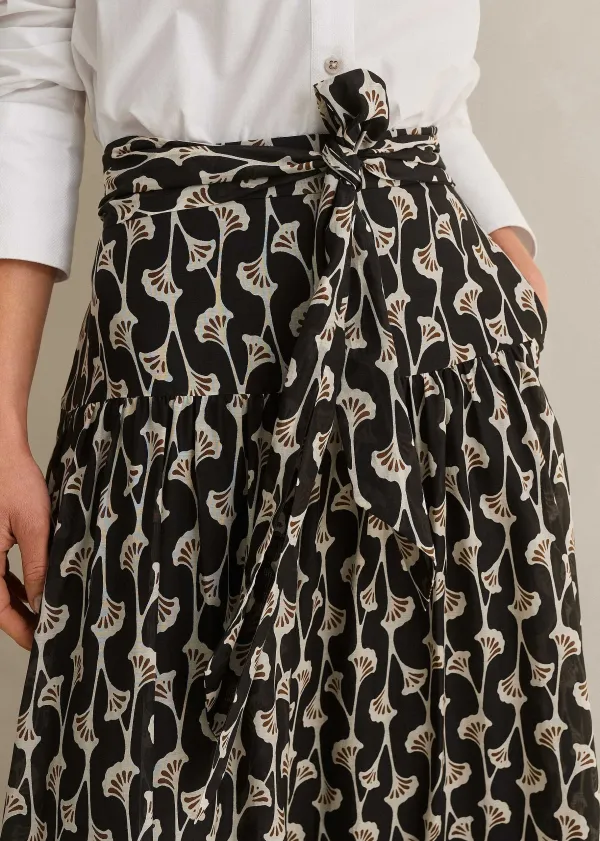 Hot ME+EM Silk Cotton Ginko Leaf Print Skirt + Belt Cream/Black/Brown