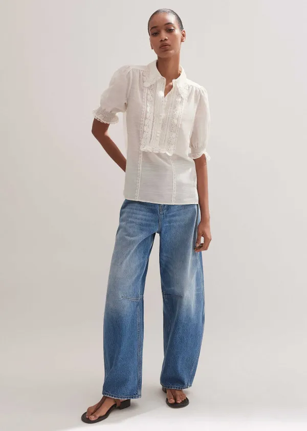 Sale ME+EM Silk Cotton Lace Trim Blouse Soft White