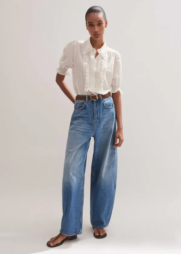 Sale ME+EM Silk Cotton Lace Trim Blouse Soft White