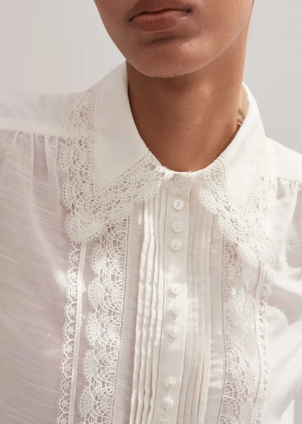 Sale ME+EM Silk Cotton Lace Trim Blouse Soft White
