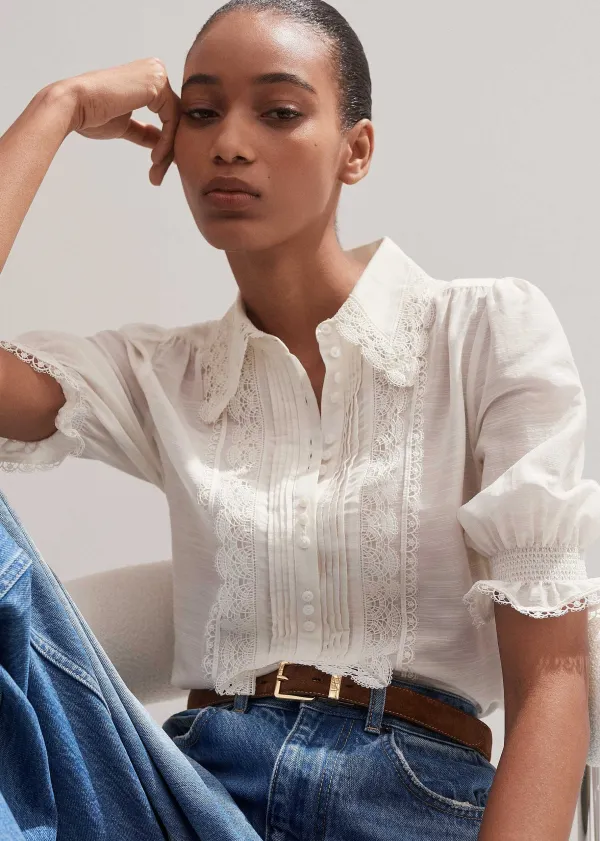 Sale ME+EM Silk Cotton Lace Trim Blouse Soft White