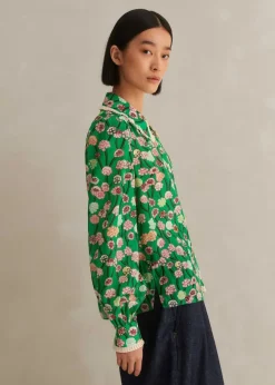 Discount ME+EM Silk Cotton Lantana Flower Print Shirt Green/Pink/Multi
