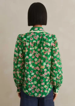 Discount ME+EM Silk Cotton Lantana Flower Print Shirt Green/Pink/Multi