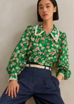 Discount ME+EM Silk Cotton Lantana Flower Print Shirt Green/Pink/Multi