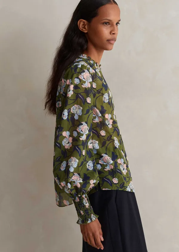 Best ME+EM Silk Cotton Rose Print Blouse Olive/Navy/Pink