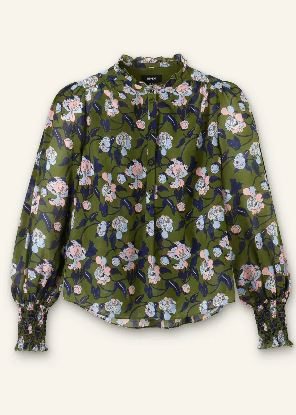Best ME+EM Silk Cotton Rose Print Blouse Olive/Navy/Pink