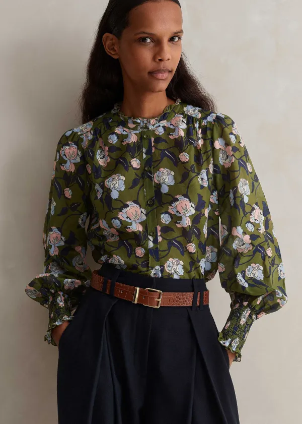 Best ME+EM Silk Cotton Rose Print Blouse Olive/Navy/Pink