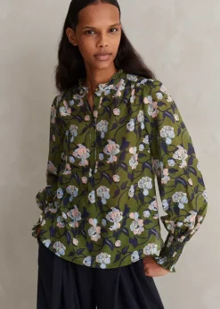 Best ME+EM Silk Cotton Rose Print Blouse Olive/Navy/Pink