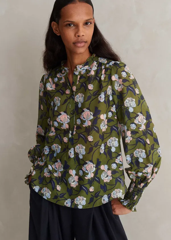 Best ME+EM Silk Cotton Rose Print Blouse Olive/Navy/Pink