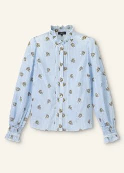 Sale ME+EM Silk Cotton Striped Rose Print Blouse White/Blue-Cinnamon