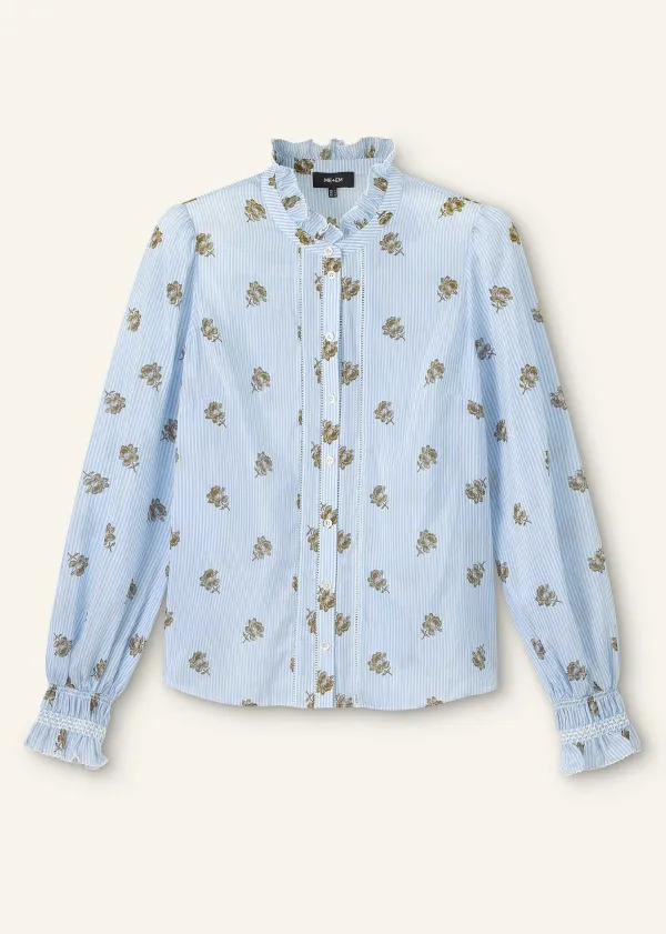 Sale ME+EM Silk Cotton Striped Rose Print Blouse White/Blue-Cinnamon