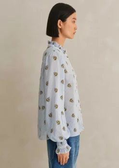 Sale ME+EM Silk Cotton Striped Rose Print Blouse White/Blue-Cinnamon