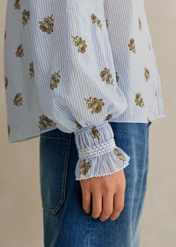 Sale ME+EM Silk Cotton Striped Rose Print Blouse White/Blue-Cinnamon