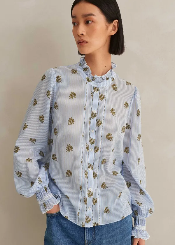 Sale ME+EM Silk Cotton Striped Rose Print Blouse White/Blue-Cinnamon
