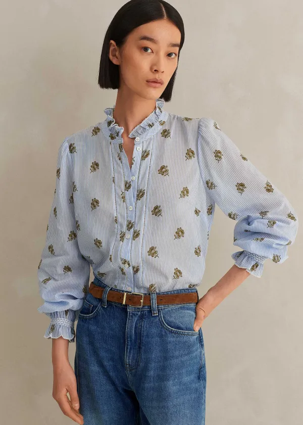 Sale ME+EM Silk Cotton Striped Rose Print Blouse White/Blue-Cinnamon