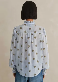 Sale ME+EM Silk Cotton Striped Rose Print Blouse White/Blue-Cinnamon