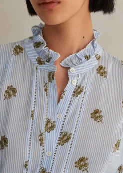 Sale ME+EM Silk Cotton Striped Rose Print Blouse White/Blue-Cinnamon